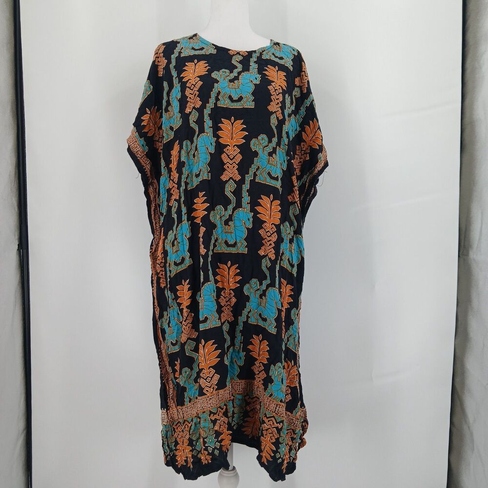 Women's Boho Printed Muumuu Caftan Maxi Dress Short Sleeve Flowy size medium